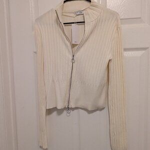 Mango Collared Zip Up White Sweater